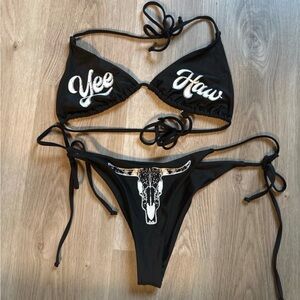 Black 'Yee Haw' Triangle Bikini Set with Bull Skull Accent